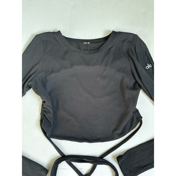 ALO Yoga Ribbed Manifest Long Sleeve Top Black Size M Tie Up Open Back Blouse - Picture 5 of 9